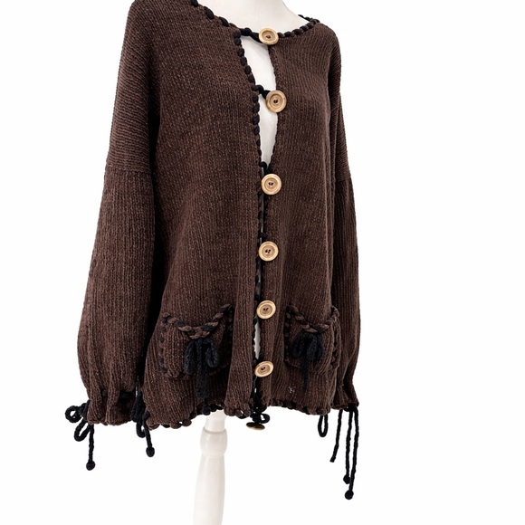 Hot Knots Brown Cotton Cardigan Sweater Cottagecore Boho Artsy Indie Slouchy OS - Picture 5 of 13